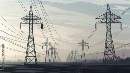 High voltage transmission tower silhouettes consist of intricate steel structures