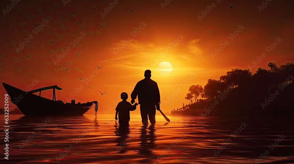 Blurry and noisy silhouette image of father and son on a wooden boat