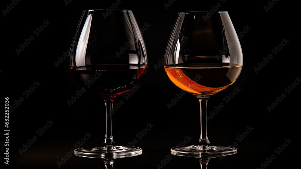 Glasses for wine and cognac with black bottom and glass Glasses for wine and cognac with black bottom and glass