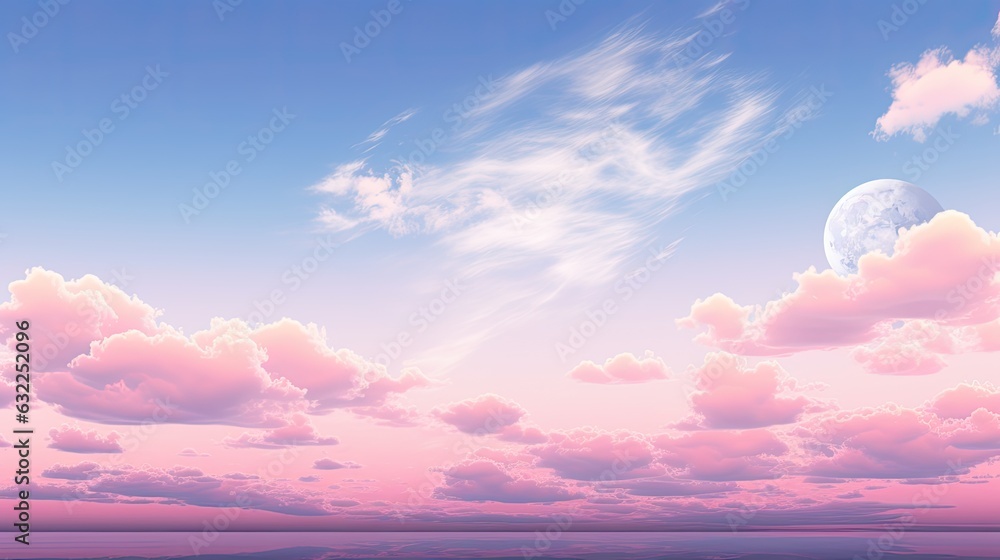 Pink sunset with moon on nature background