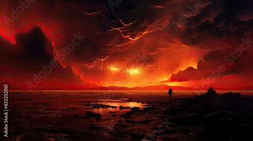 Incredible idea of supernatural horror from an extraterrestrial realm with a fantastical touch Intense crimson sky with eerie hellish clouds and ominous silhouettes emittin © HN Works