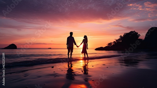 Couple s silhouette at sunrise holding hands on shore displaying love and romance