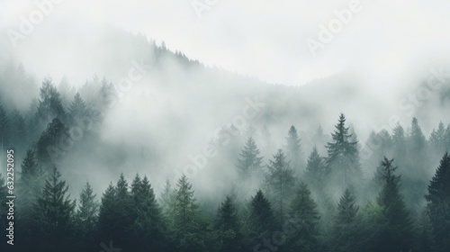 Thick white fog and heavy rain cloak the forest Tree shapes disappear in the mist amid grain and texture of clouds © HN Works