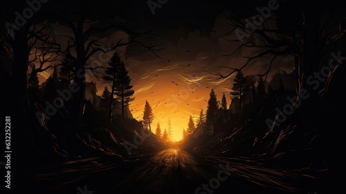 Grim road passing through a forest of eerie trees drenched in golden hues © HN Works