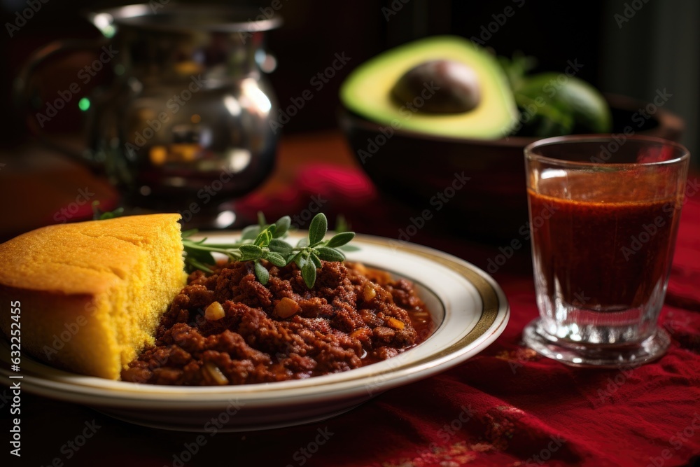 chili served with cornbread and avocado chili served with cornbread and avocado