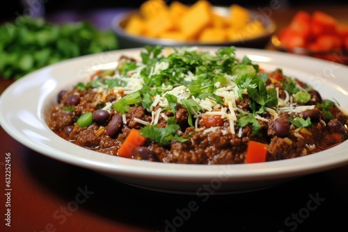 chili garnished with cheese and cilantro