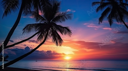 Palm trees silhouette against a stunning background of a tropical sunset beach