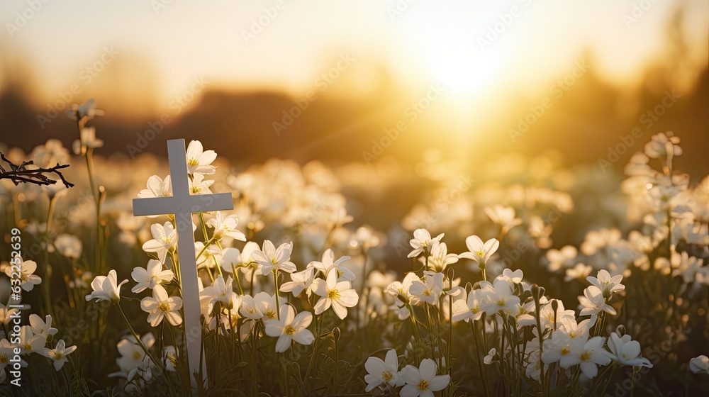 Spring blossoms forest sunset and Christian cross