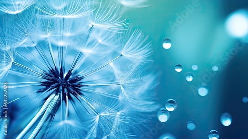 Macro image of a dandelion seed with a water drop on it set against a vivid blue and turquoise backdrop Free space for text Vibrant and artistic