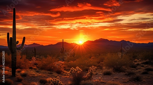Sonoran Desert sunset with Saguaro s silhouette illuminated © HN Works