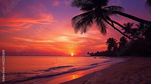 Travel and vacation time is enhanced by a serene tropical beach scene featuring a palm tree pink sky and beautiful sunset © HN Works