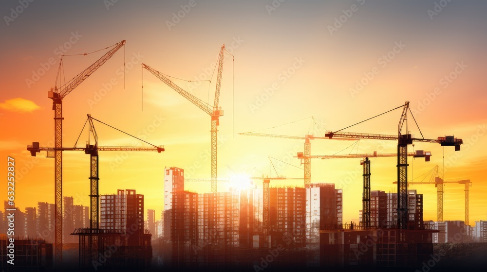 City apartment block in sunlight with construction cranes and unfinished residential buildings City apartment block in sunlight with construction cranes and unfinished residential buildings