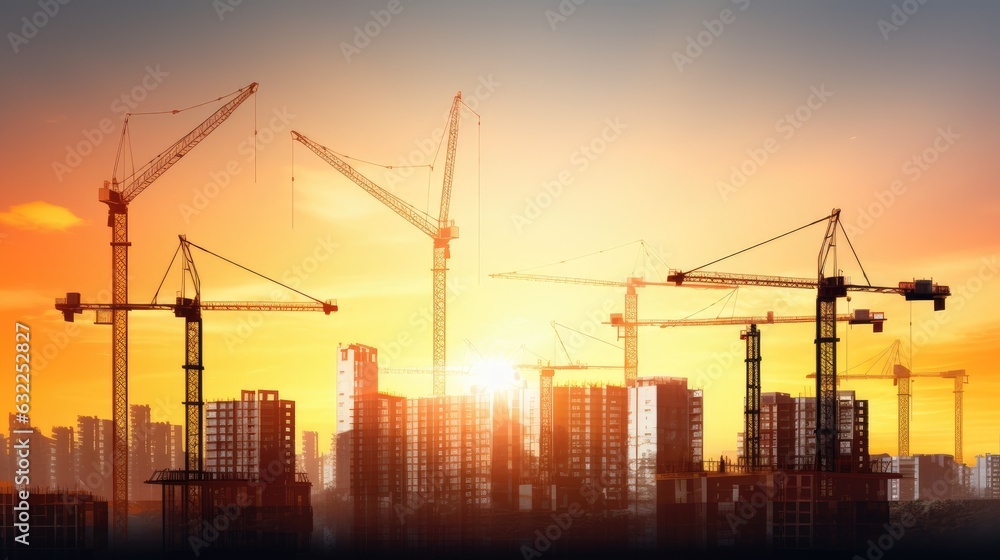 City apartment block in sunlight with construction cranes and unfinished residential buildings