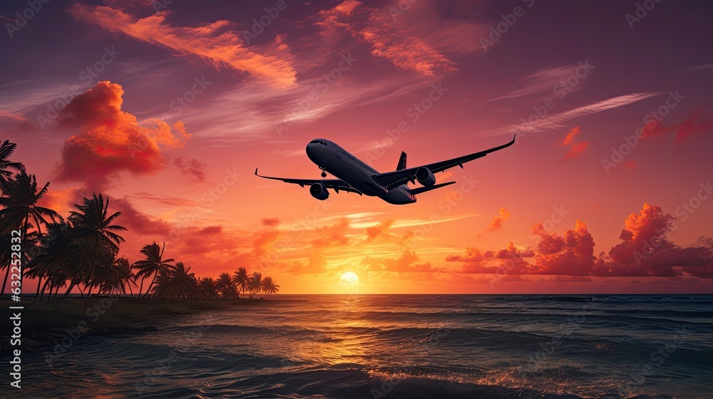 Aircraft flying above tropical ocean during sundown Aircraft flying above tropical ocean during sundown