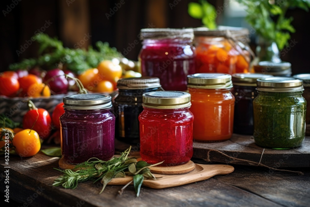 jars of colorful homemade chutneys on a rustic table jars of colorful homemade chutneys on a rustic table