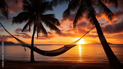 Beach scene with hammock and palm trees at sunset