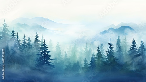 Watercolor misty forest hill with evergreen trees Frozen taiga Horizontal watercolor background