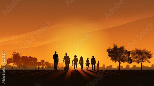 People walking in a park with a golden sunset background silhouette © HN Works