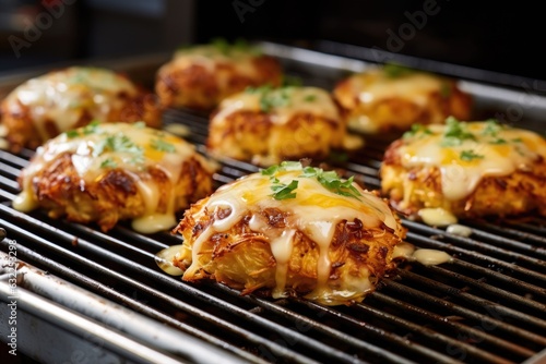 golden cooked crab cakes on a cooling rack