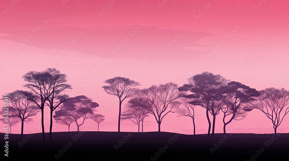 Empty trees at dawn silhouetted against a vibrant pink sky Empty trees at dawn silhouetted against a vibrant pink sky
