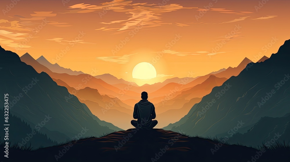 Man in silhouette praying to God on mountain at sunset