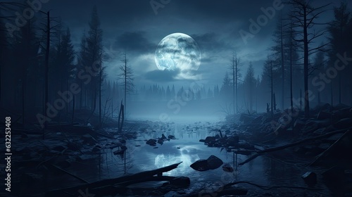 Illustration of a eerie futuristic forest at night with moonlit trees smoky shadows and reflections in water
