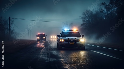 Fotografie, Tablou Police cars driving at night chasing a car in fog 911 police car rushing to crim