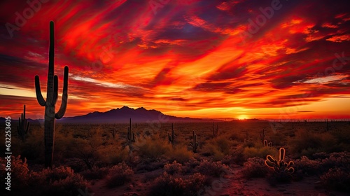 Silhouetted cacti amidst fiery desert sky in Arizona s Saguaro National Park West