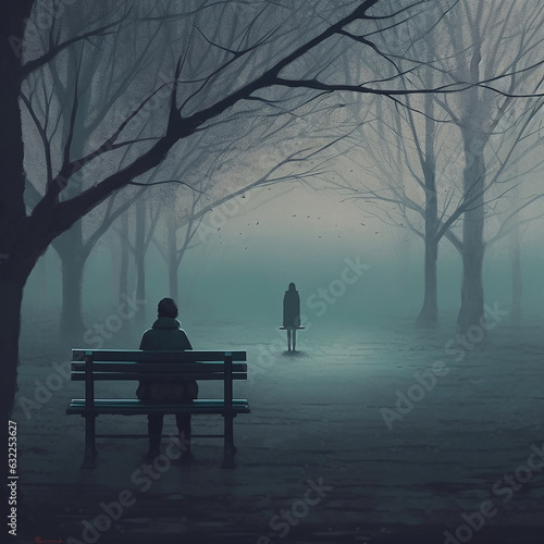 Concept of total loneliness. Lonely man sitting on bench. AI illustration..