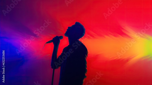 Male singer s silhouette sings into microphone with copy space Retro glitch noise selective focus in thermography gradients