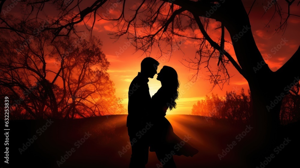 Silhouettes of a man and woman in a nature sunset representing love