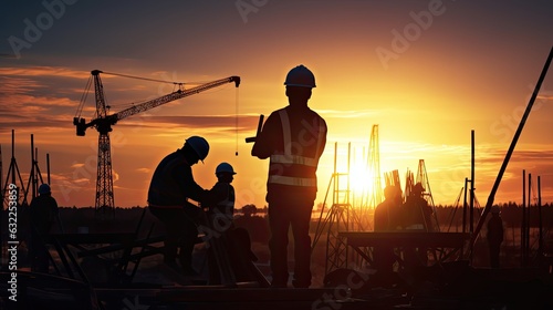 Engineer instructing construction crews to work safely on elevated terrain amid a picturesque sunset © HN Works