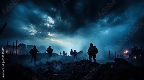 Canvas Print Selective focus on ruined city skyline at night soldiers silhouettes below foggy