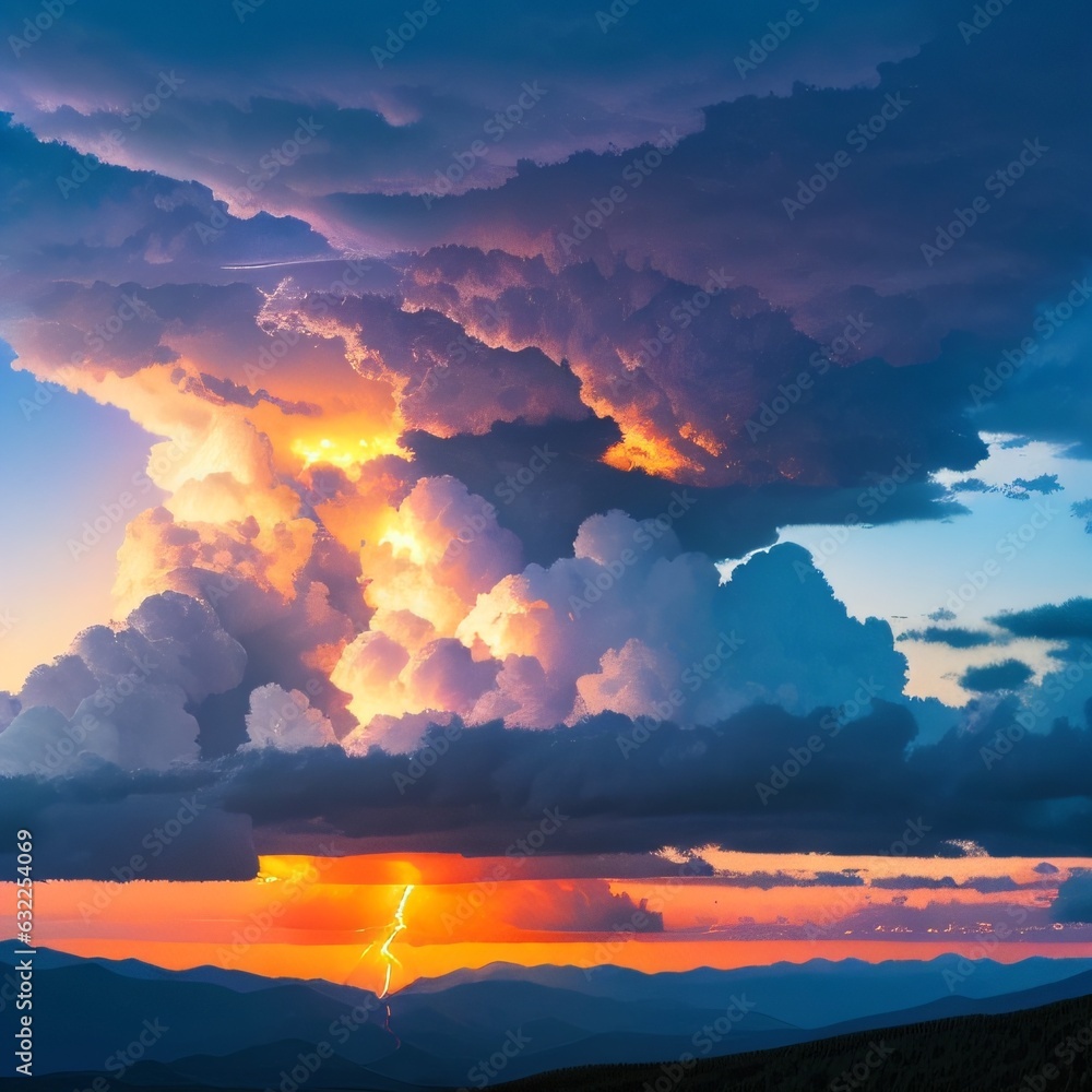Naklejka premium Puffy Clouds Sunset Mountains Peak Lightning