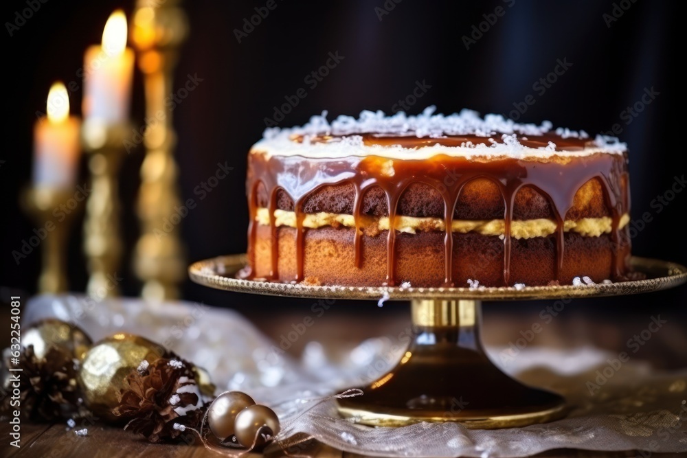 Elegant Christmas Cake on Golden Noble Cake Stand AI Generated