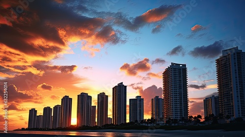 Condo skyscrapers in Sunny Isles Beach Florida isolated against colorful summer sunset sky