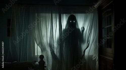 Fotografia Blurred ghost silhouette in bedroom window at night horror scene on Halloween