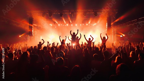 Audience raising hands enjoying live music festival concert rock band performing on outdoor stage in spotlight