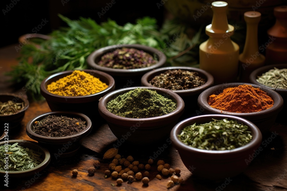 spices and herbs in small bowls, ready for mixing