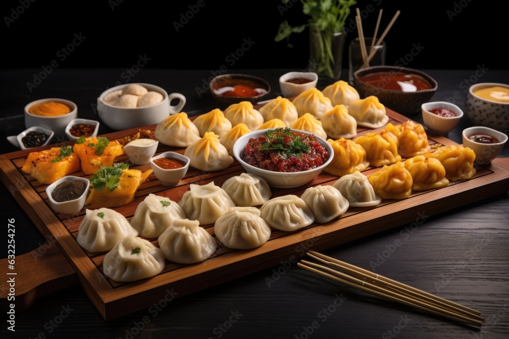 variety of dim sum in dough on board
