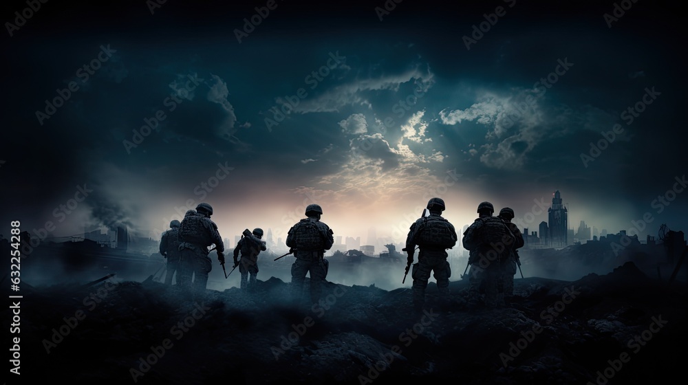 Selective focus on ruined city skyline at night soldiers silhouettes below foggy war sky depicting a fighting scene in the concept of war Selective focus on ruined city skyline at night soldiers silhouettes below foggy war sky depicting a fighting scene in the concept of war
