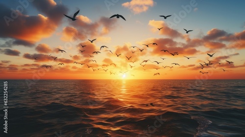 Birds in v shape flying over the sea at sunset symbolizing freedom and the autumn equinox © HN Works