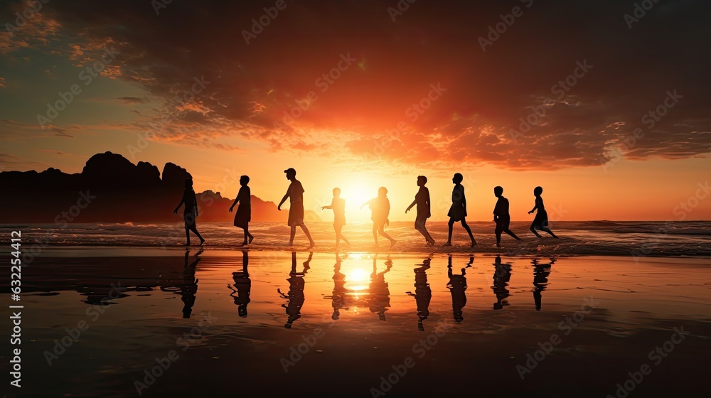 Training young boys as a team on the beach at sunset