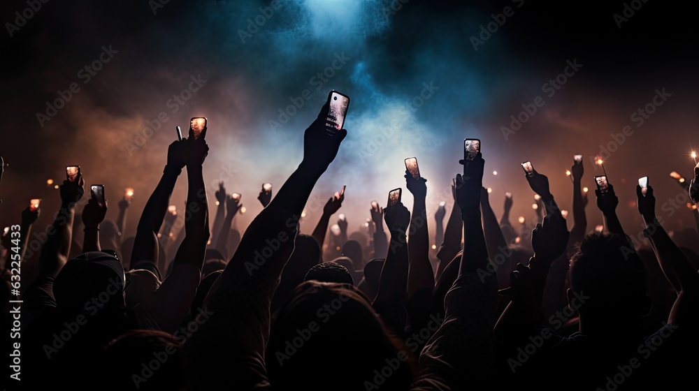 Silhouetted crowd holding lighters and phones at concert Dark backdrop smoke spotlights bright glow Silhouetted crowd holding lighters and phones at concert Dark backdrop smoke spotlights bright glow