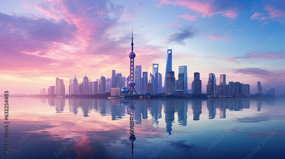 Colorful sky over Huangpu River Shanghai skyline at sunrise