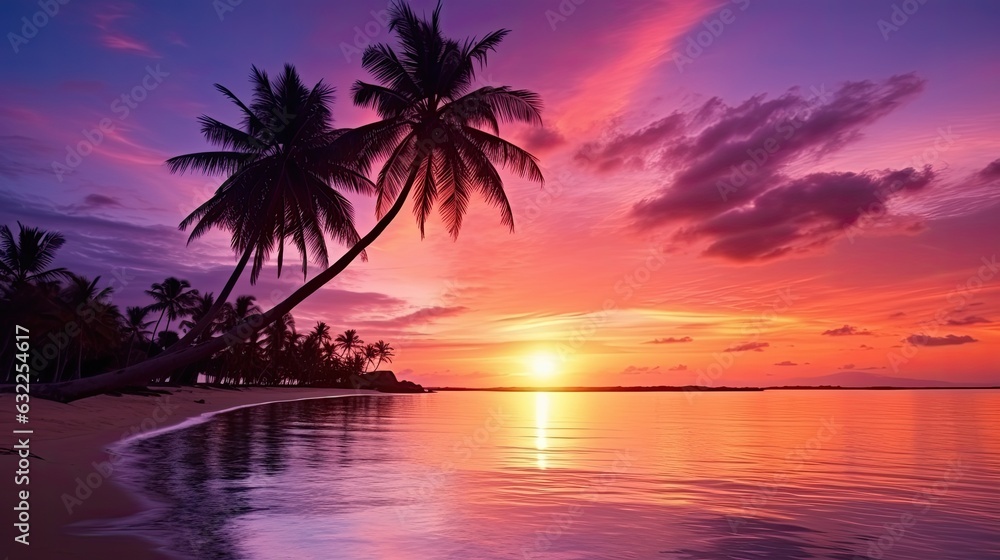 Travel and vacation time is enhanced by a serene tropical beach scene featuring a palm tree pink sky and beautiful sunset