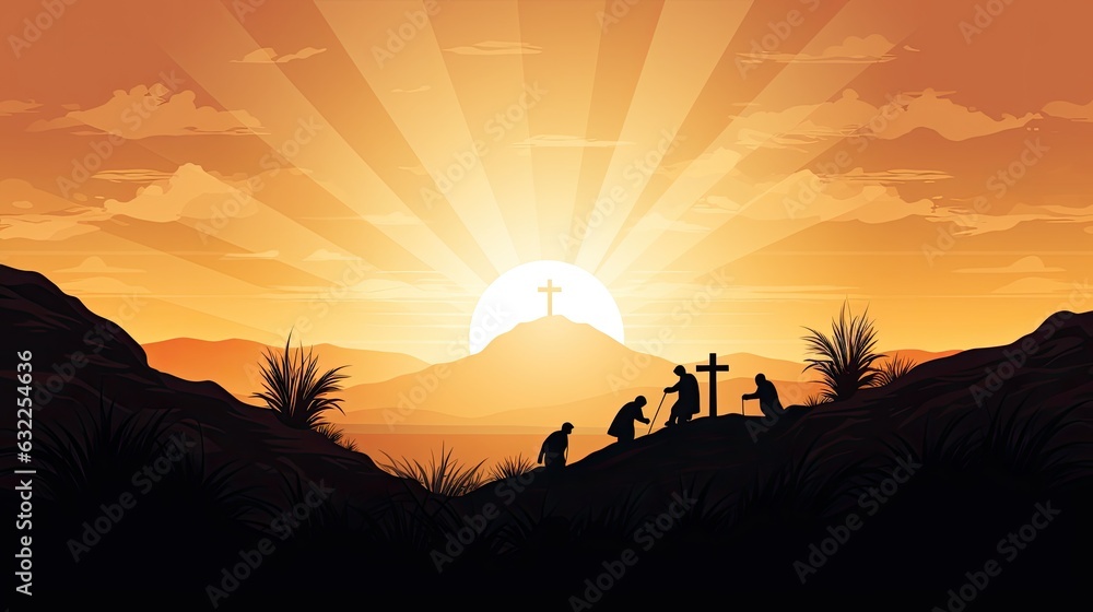 Resurrection empty tomb with crosses at sunrise Resurrection empty tomb with crosses at sunrise