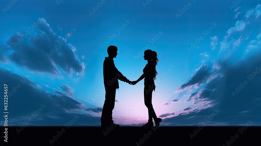 A couple s silhouette of a young pair holding hands against a blue sky backdrop