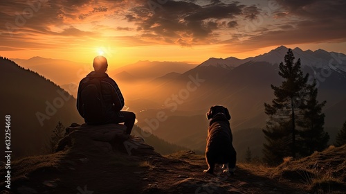 Person and dog watching the sunset in the mountains © HN Works