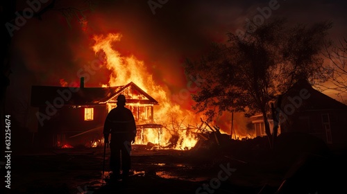 Silhouette of firefighter in front of blazing house